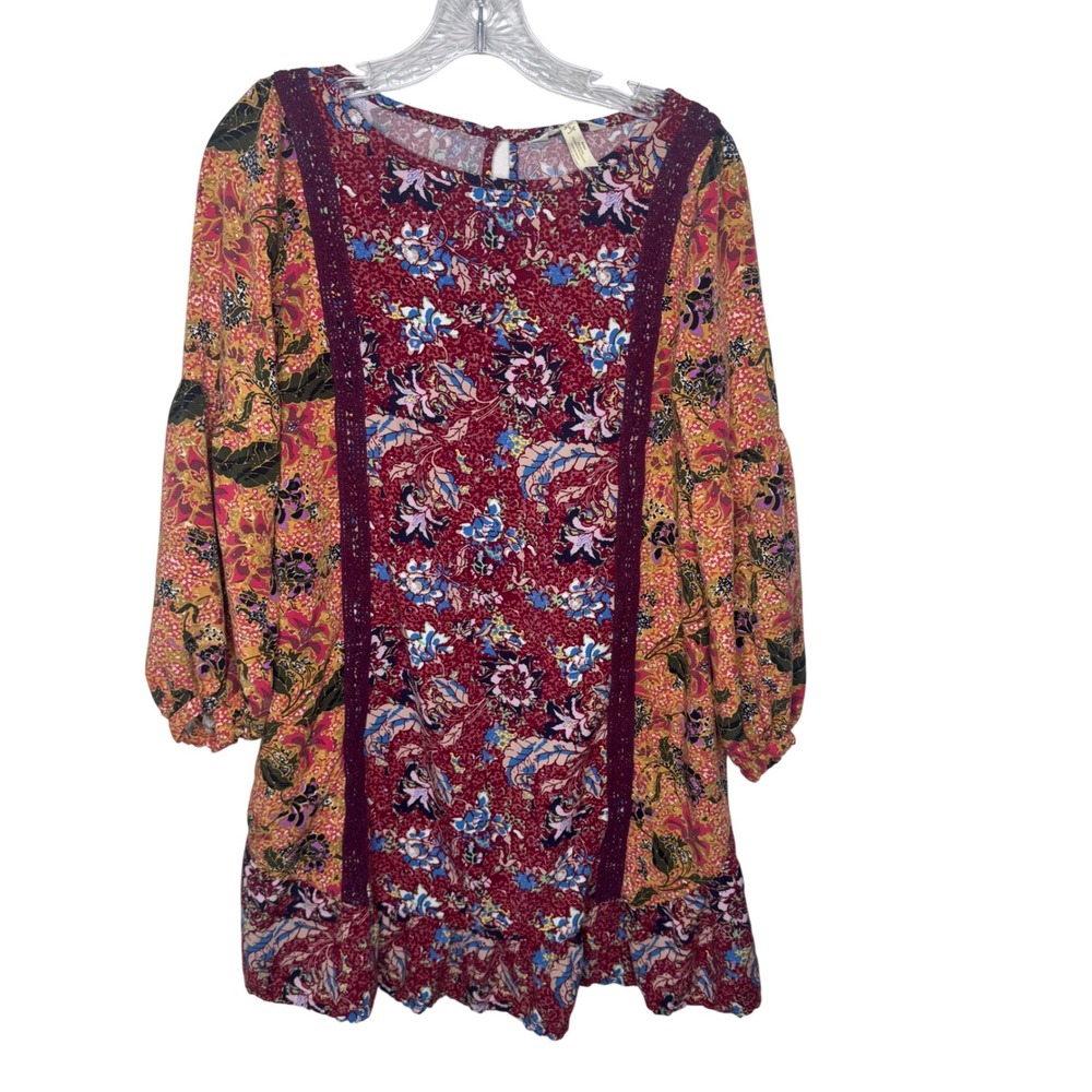 Matilda Jane Womens Floral‎ Patchwork Boho Tunic Dress Crochet Trim Multicolor S